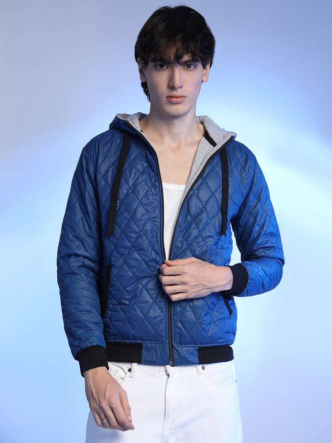 Men Blue Quilted Puffer Jacket With Zip-Closure