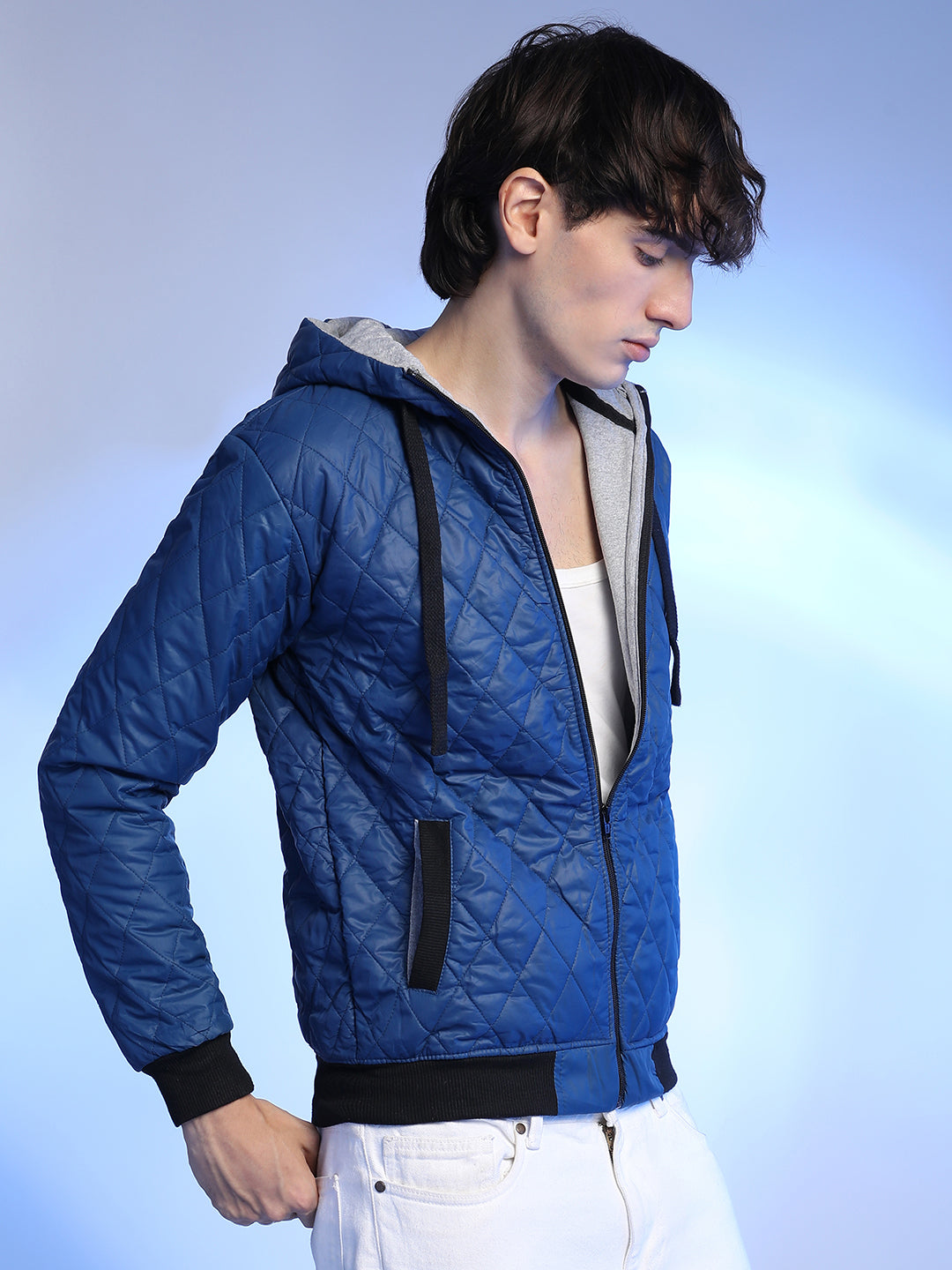 Men Blue Quilted Puffer Jacket With Zip-Closure