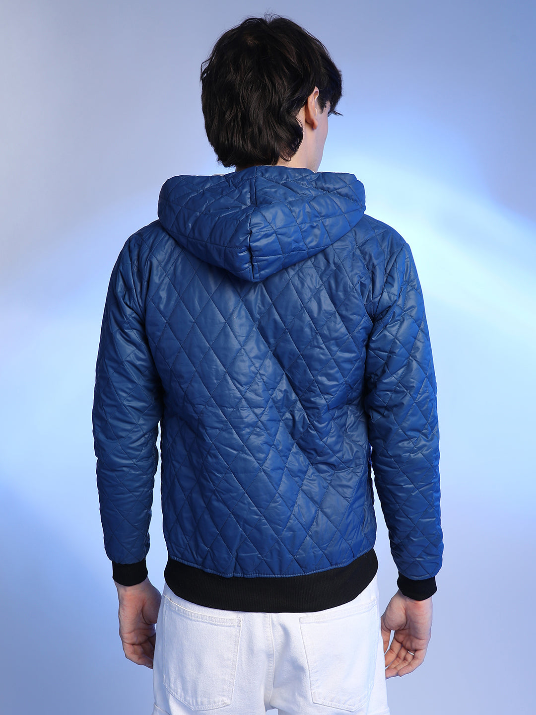 Men Blue Quilted Puffer Jacket With Zip-Closure