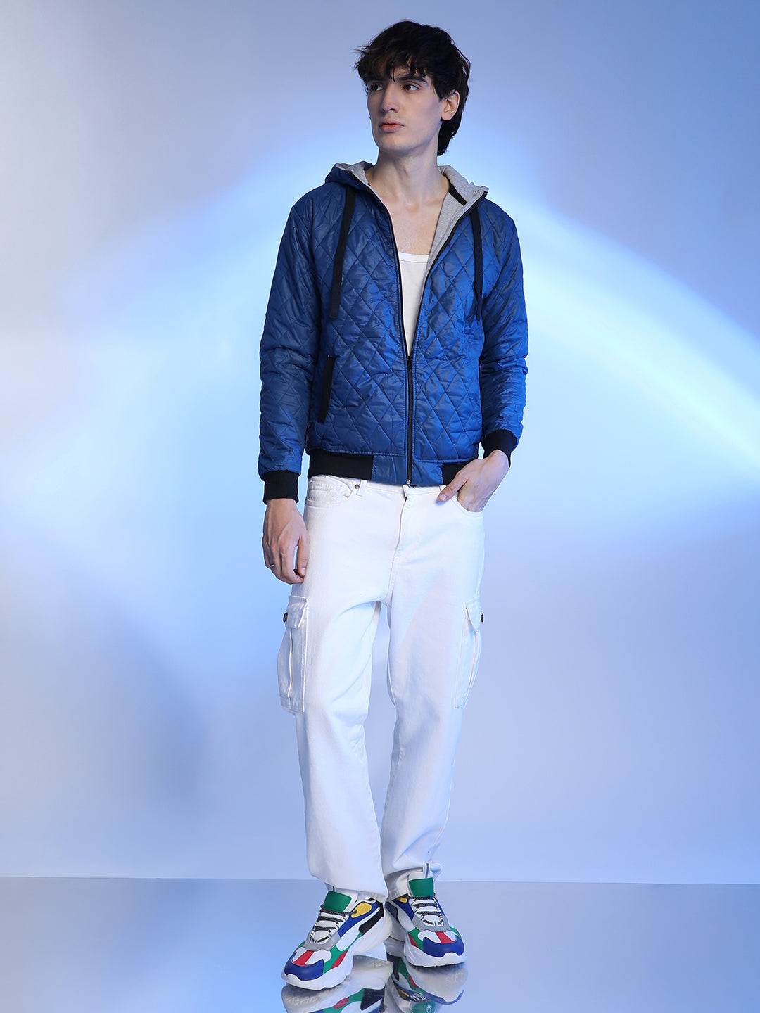 Men Blue Quilted Puffer Jacket With Zip-Closure