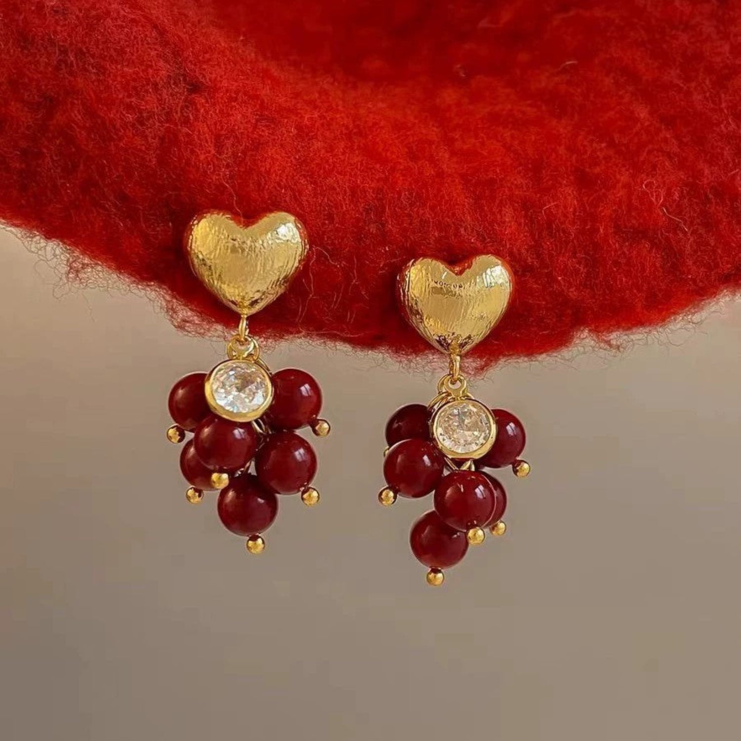 Gold Heart Berry Cluster Earrings