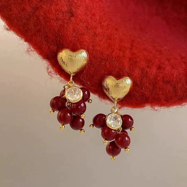 Gold Heart Berry Cluster Earrings