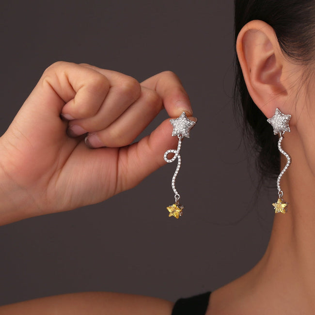 Silver and Yellow Star Earrings