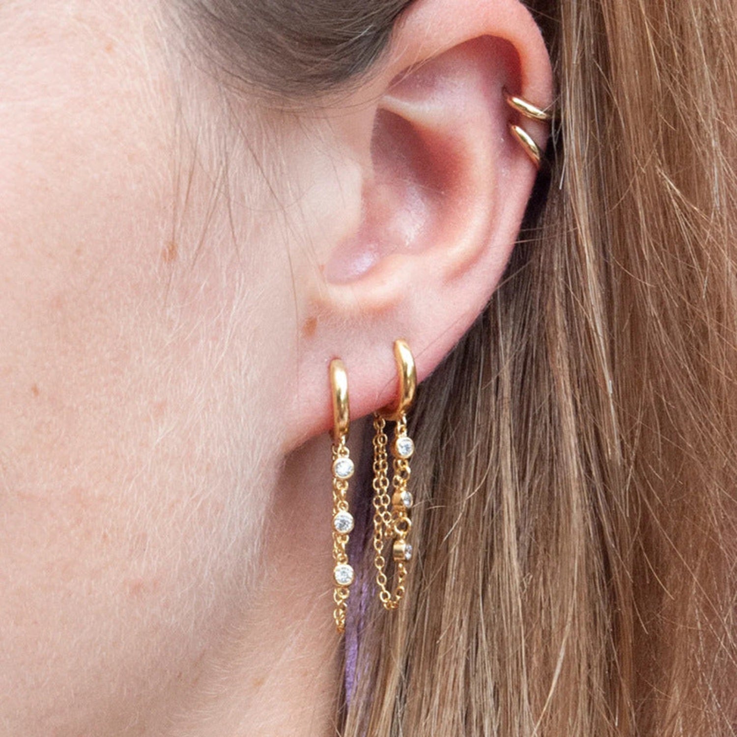 Gold Crystal Chain Huggie Earrings