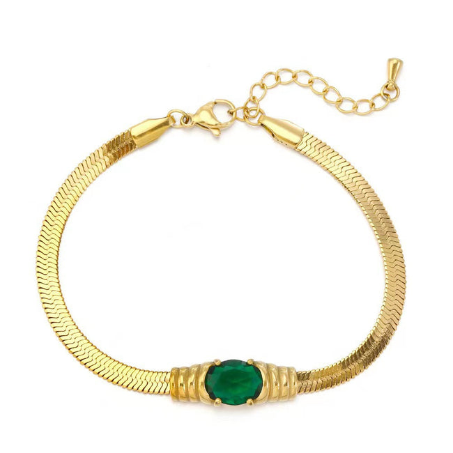 Elegant Snake Chain Bracelet With Emerald Green Stone
