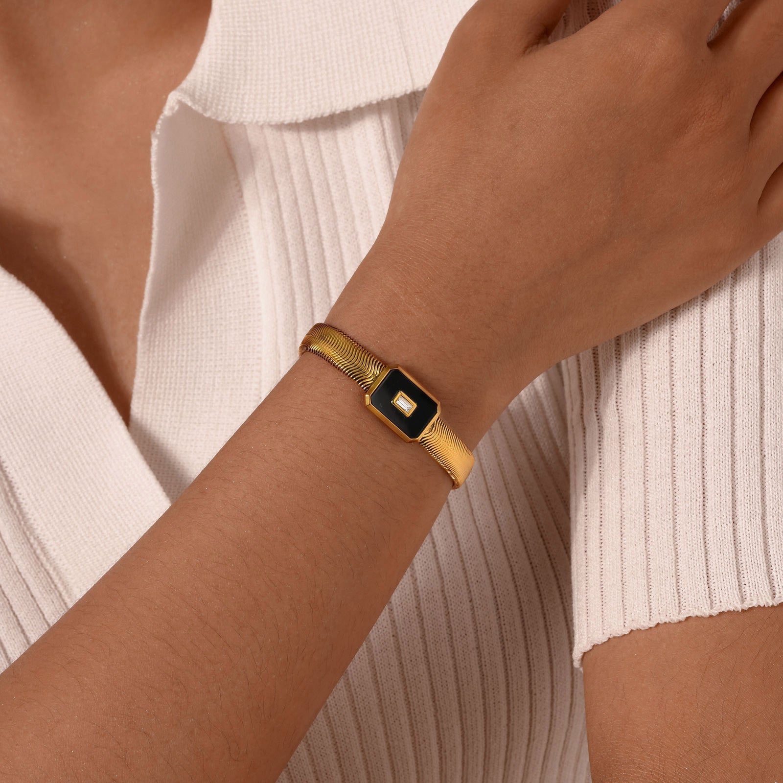 Luxe Black Enamel Rectangular Stone Accent Gold Toned Snake Chain Bracelet