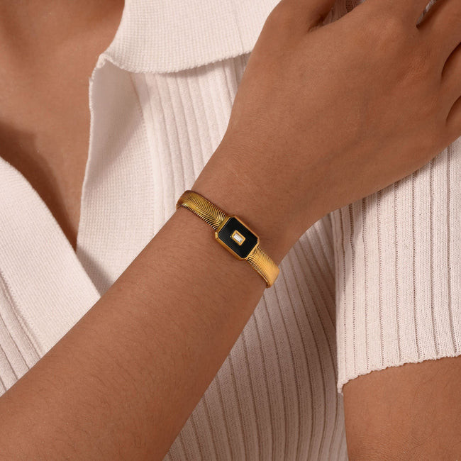 Luxe Black Enamel Rectangular Stone Accent Gold Toned Snake Chain Bracelet