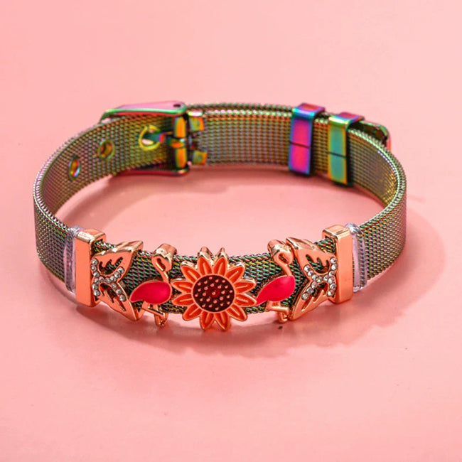 Rainbow Mesh Bracelet With Sunflower Flamingo Palm Leaf Charms