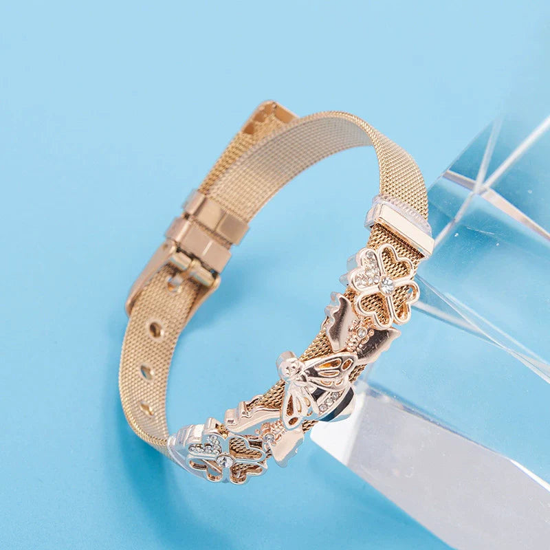 Rose Gold Mesh Bracelet With Butterfly Crystal Accented Flower Charms