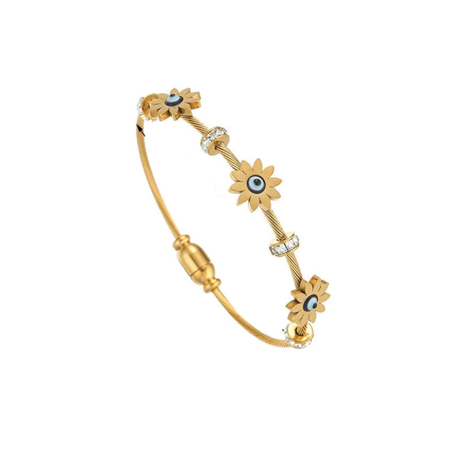 Gold Daisy Evil Eye Cable Wire Bracelet