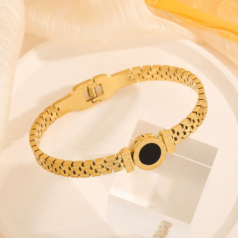 Gold Link Bracelet With Black Enamel Love Charm
