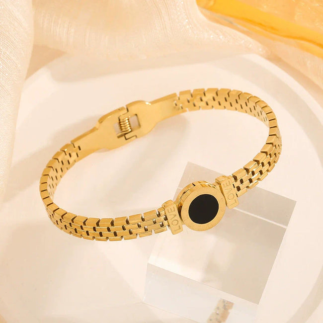 Gold Link Bracelet With Black Enamel Love Charm