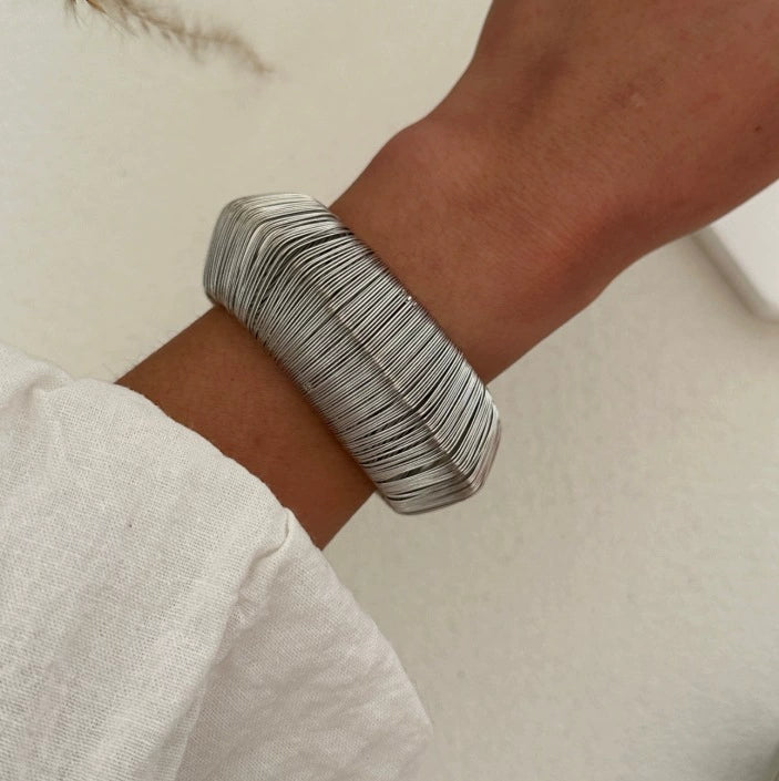 Textured Silver Dome Bangle Layered Wire Design