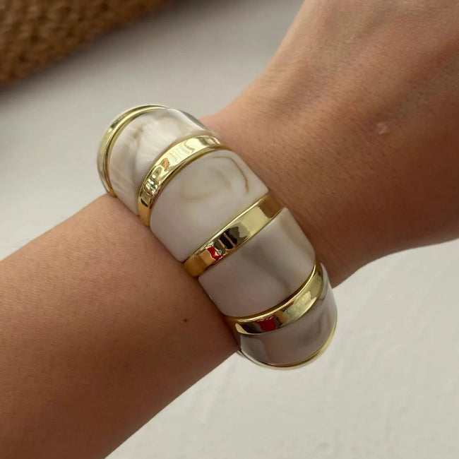White Marbled Segment Bangle Gold Accent Design