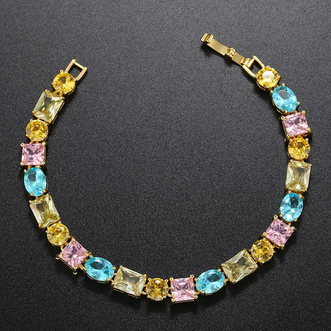 Rainbow Charm Gold Bracelet With Multicolor Gemstone Design