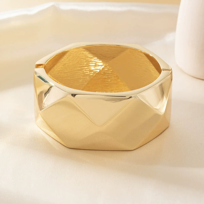 Gold Tone Faceted Geometric Statement Bangle Bracelet