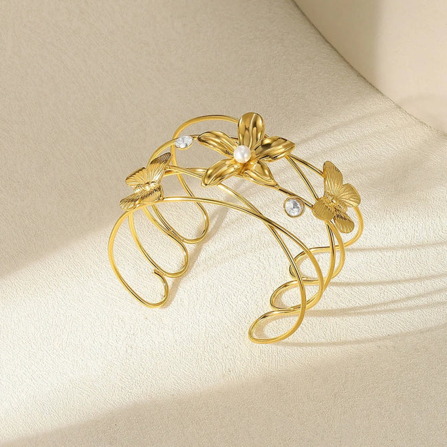Whimsical Gold Butterfly Flower Cuff
