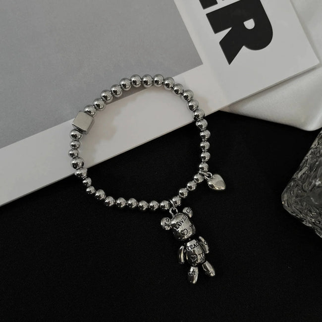 Silver Teddy Bear Heart Bracelet