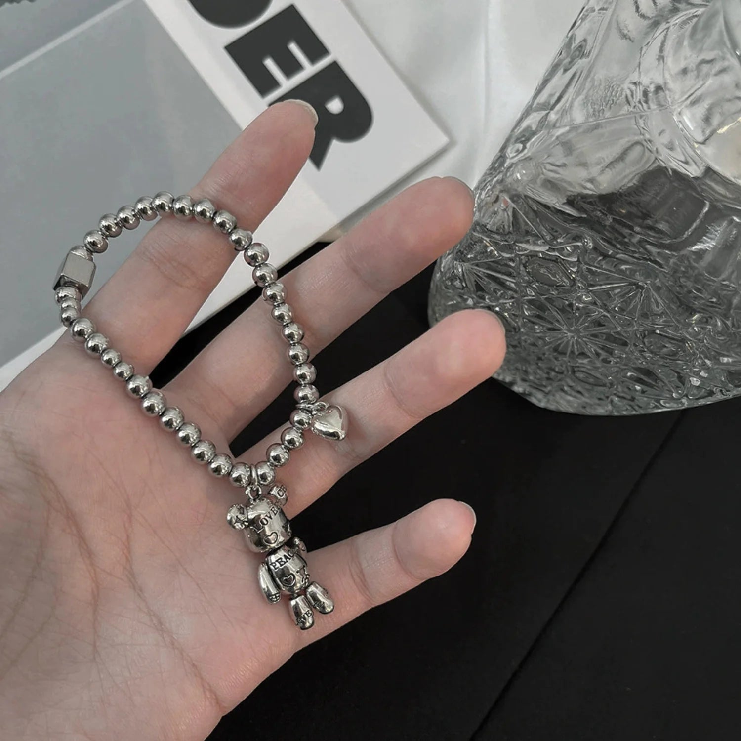 Silver Teddy Bear Heart Bracelet
