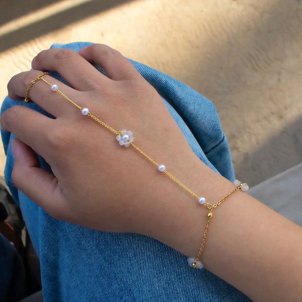 Gold Beaded White Flower Hand Bracelet