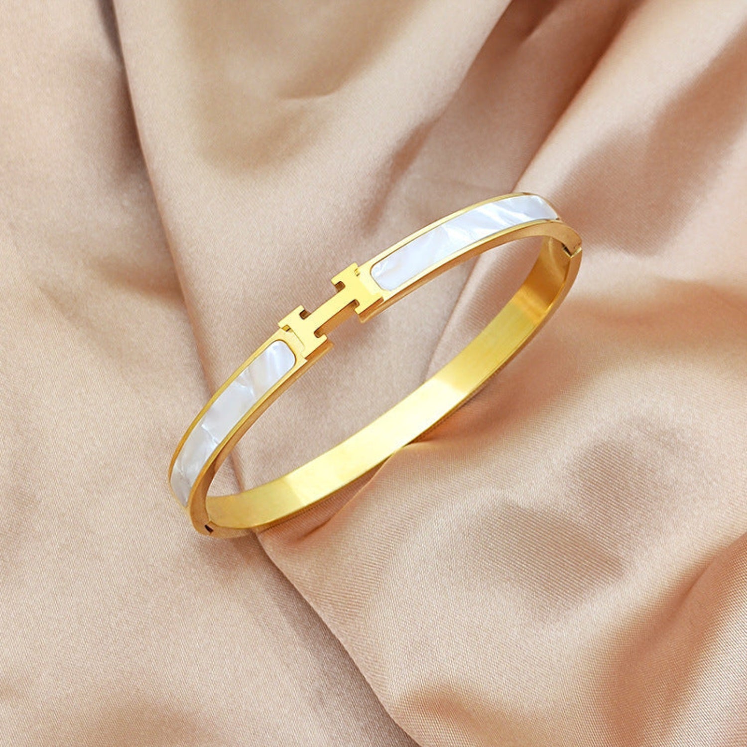 Gold White H Inlay Bangle