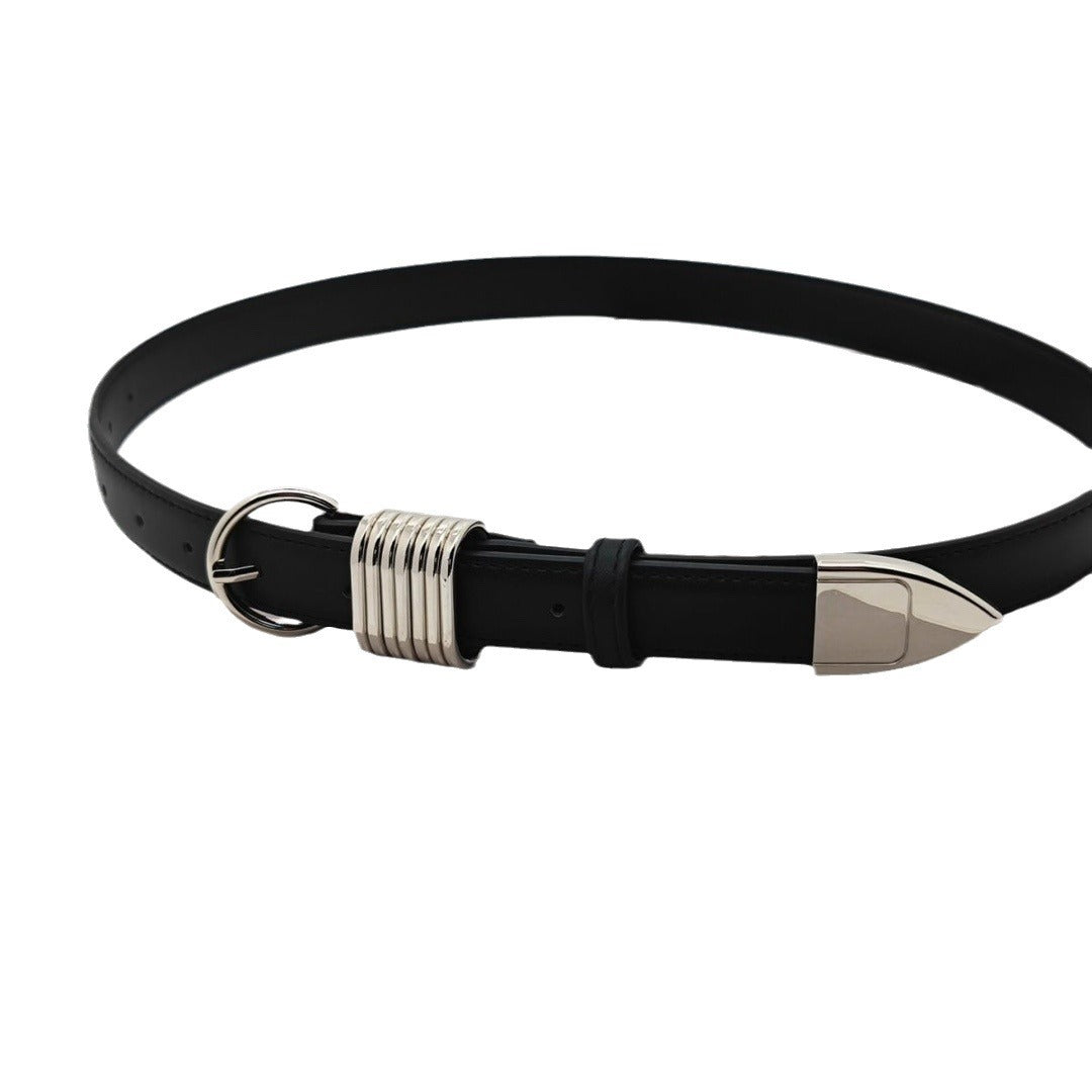 Women Black Chunky Buckle Skinny Leather Belt