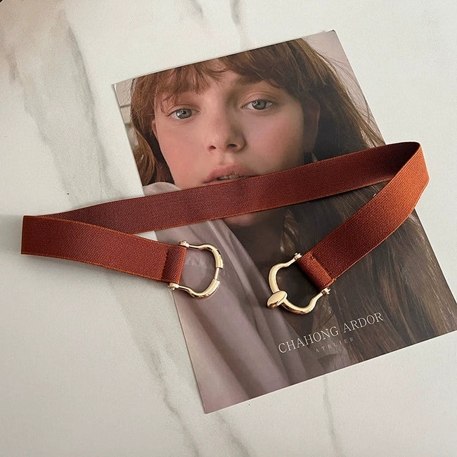 Women Brown Elastic Buckle Belt