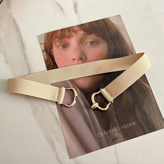 Women White Elastic Buckle Belt