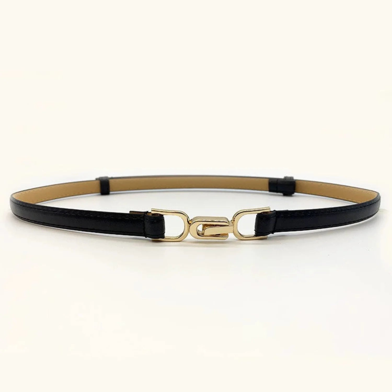 Women Black Gold Clasp Skinny Black Belt