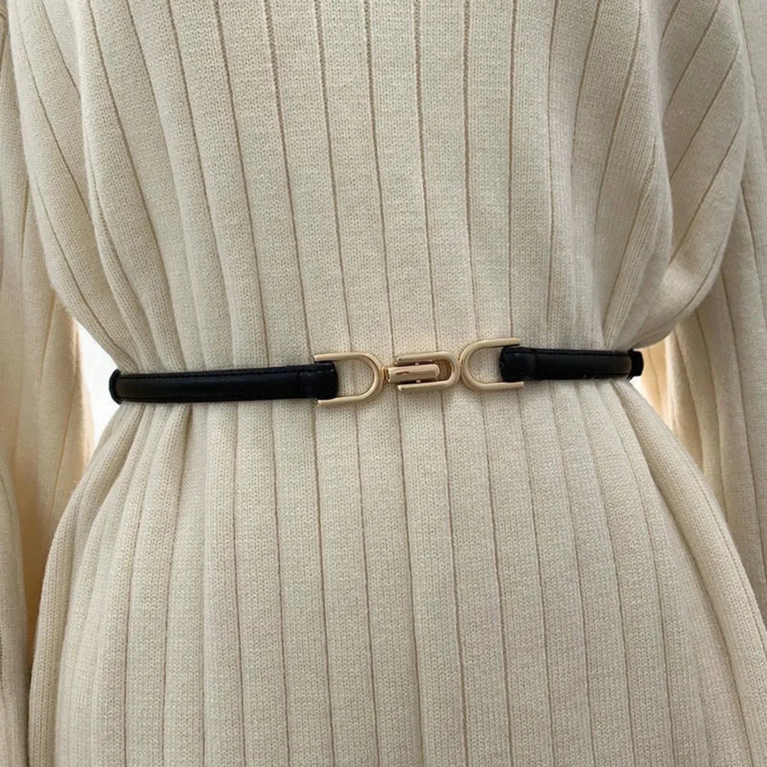 Women Black Gold Clasp Skinny Black Belt