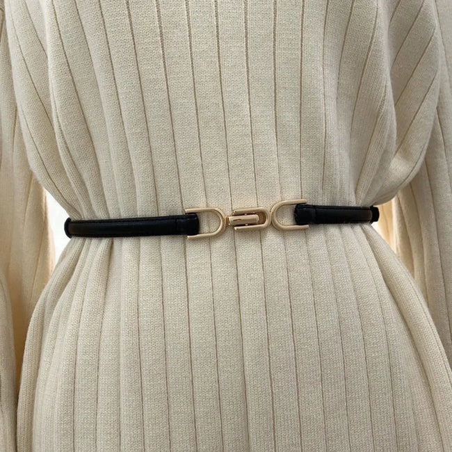 Women Black Gold Clasp Skinny Black Belt