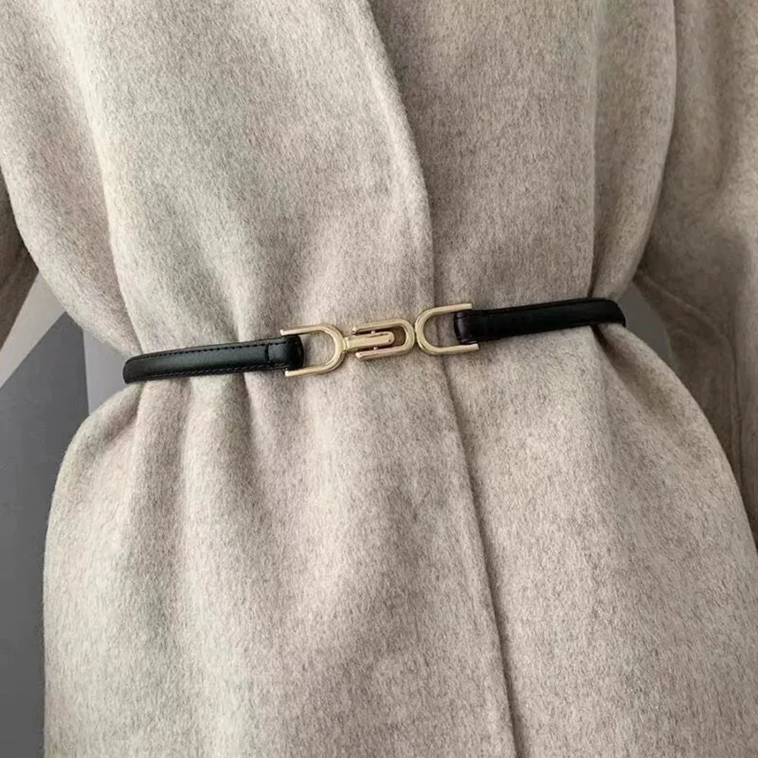Women Black Gold Clasp Skinny Black Belt
