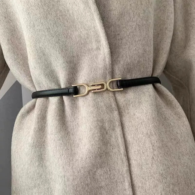 Women Black Gold Clasp Skinny Black Belt