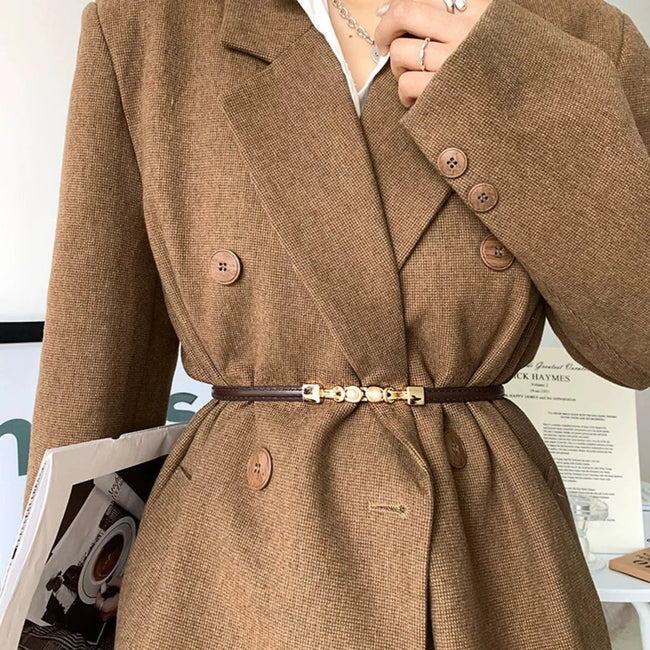 Women Brown Pearl Detail Skinny Belt