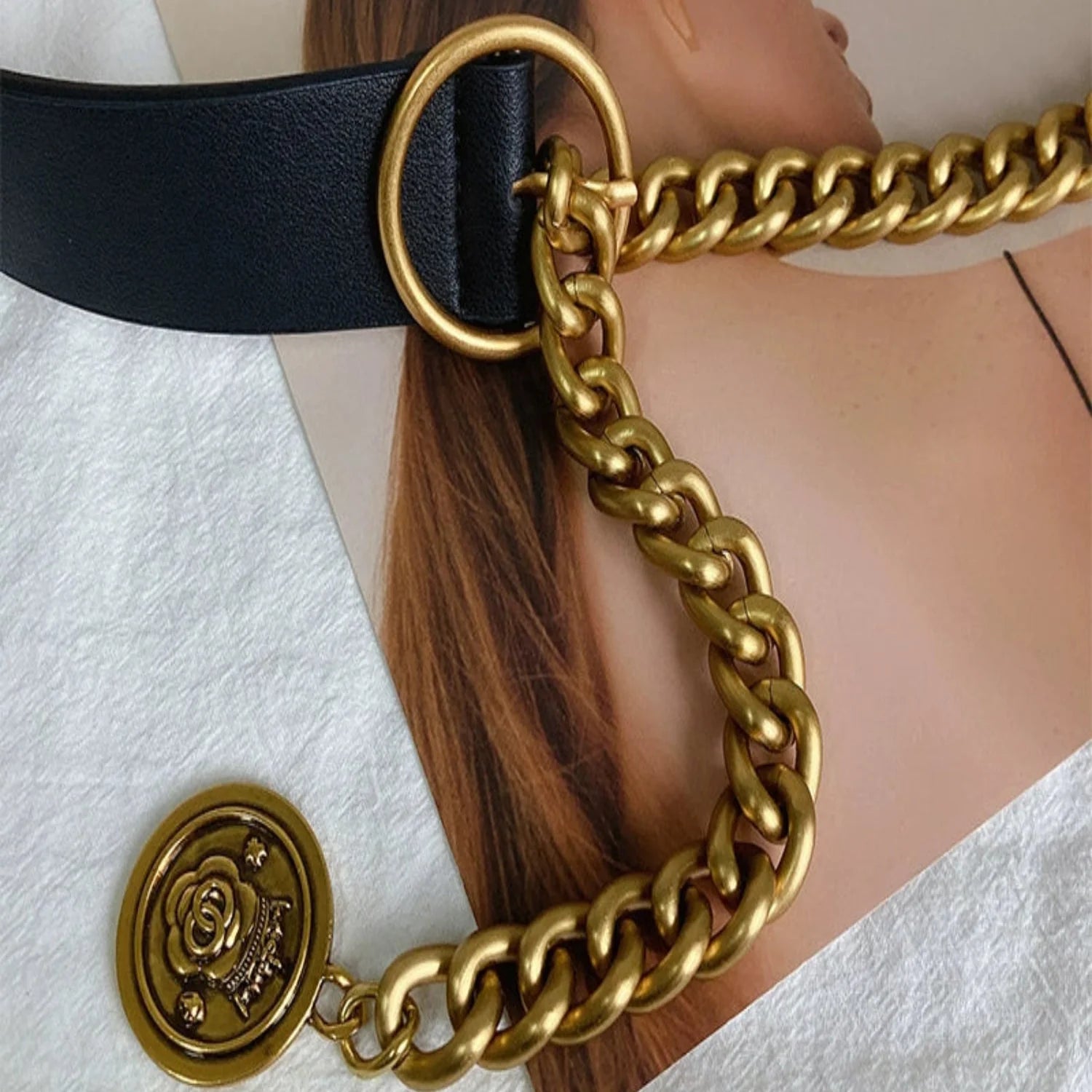 Women Black Black Strap Gold Chain Belt