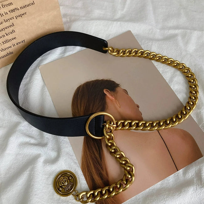 Women Black Black Strap Gold Chain Belt