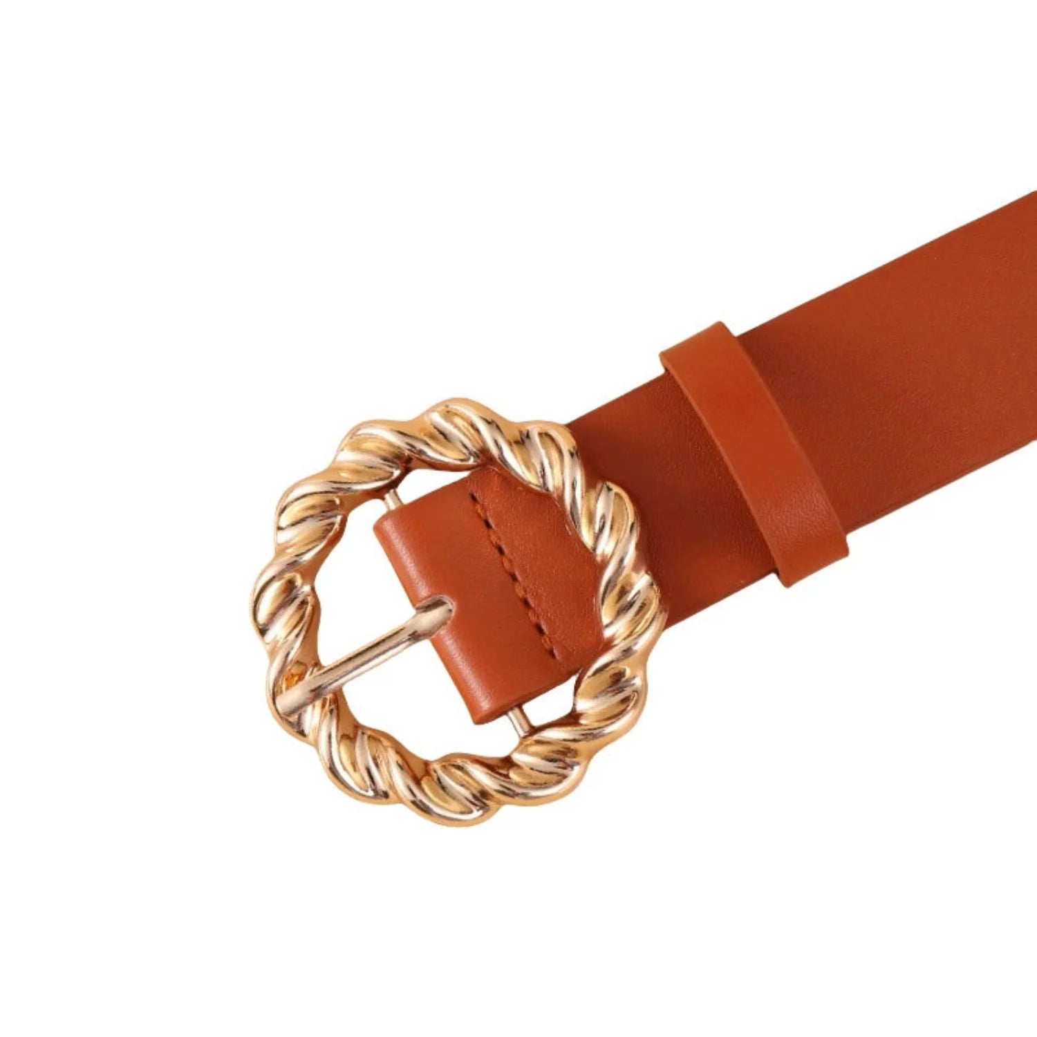 Women Brown Gold Turn Lock Slim Belt