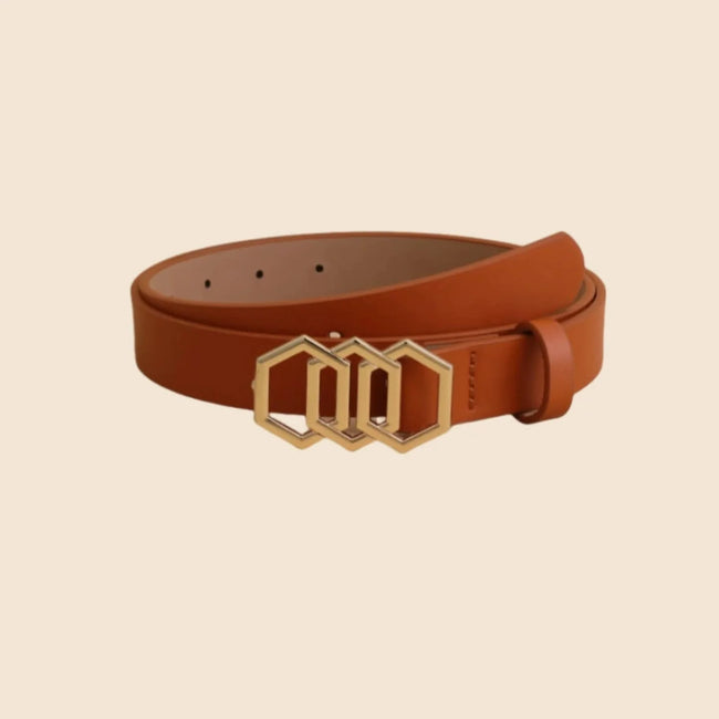 Women Brown Triple Hexagon Buckle Cognac Belt