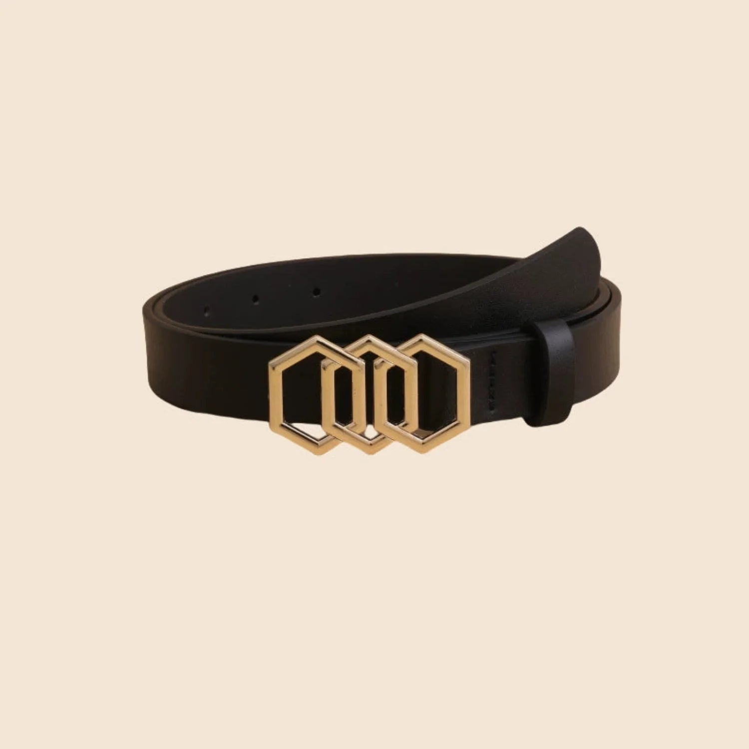 Women Black Triple Hexagon Buckle Black Belt