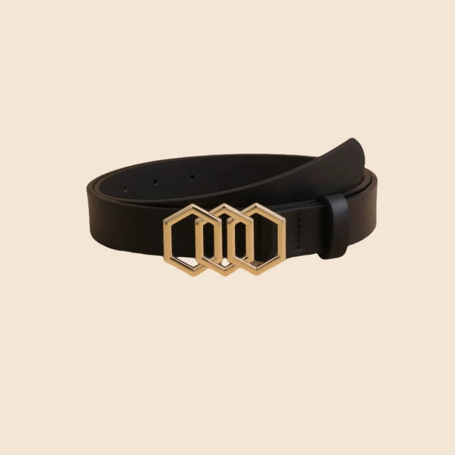 Women Black Triple Hexagon Buckle Black Belt