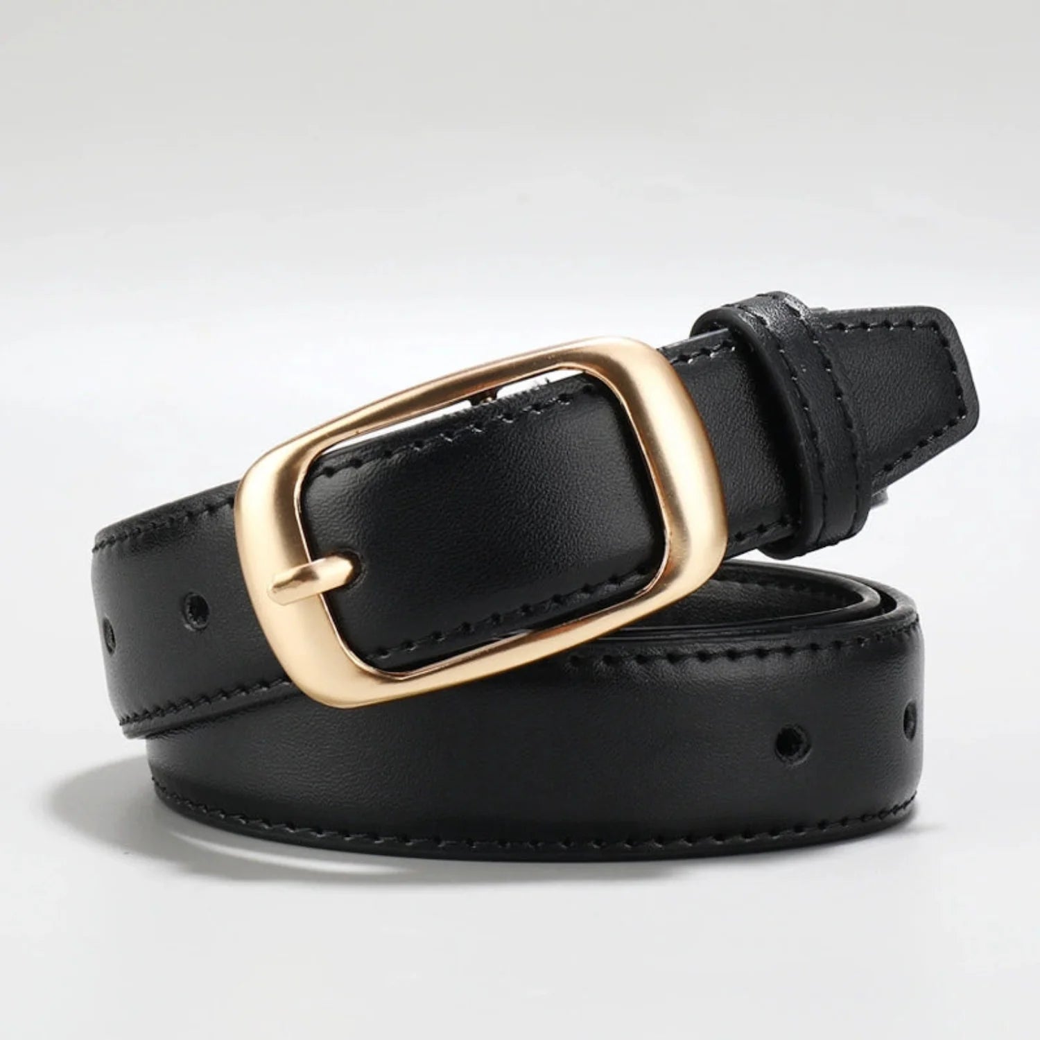 Women Black Classic Rectangle Buckle Black Belt