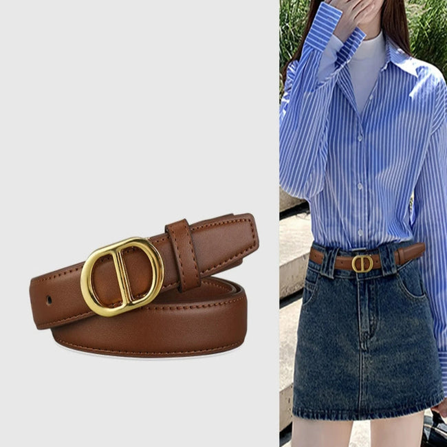 Women Brown Oval Gold Buckle Brown Belt
