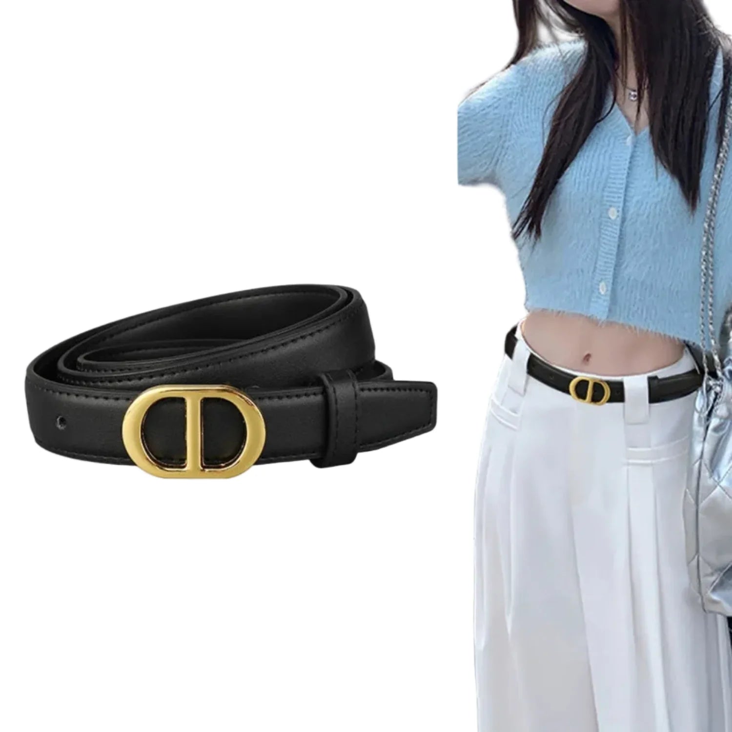 Women Black Oval Gold Buckle Black Belt