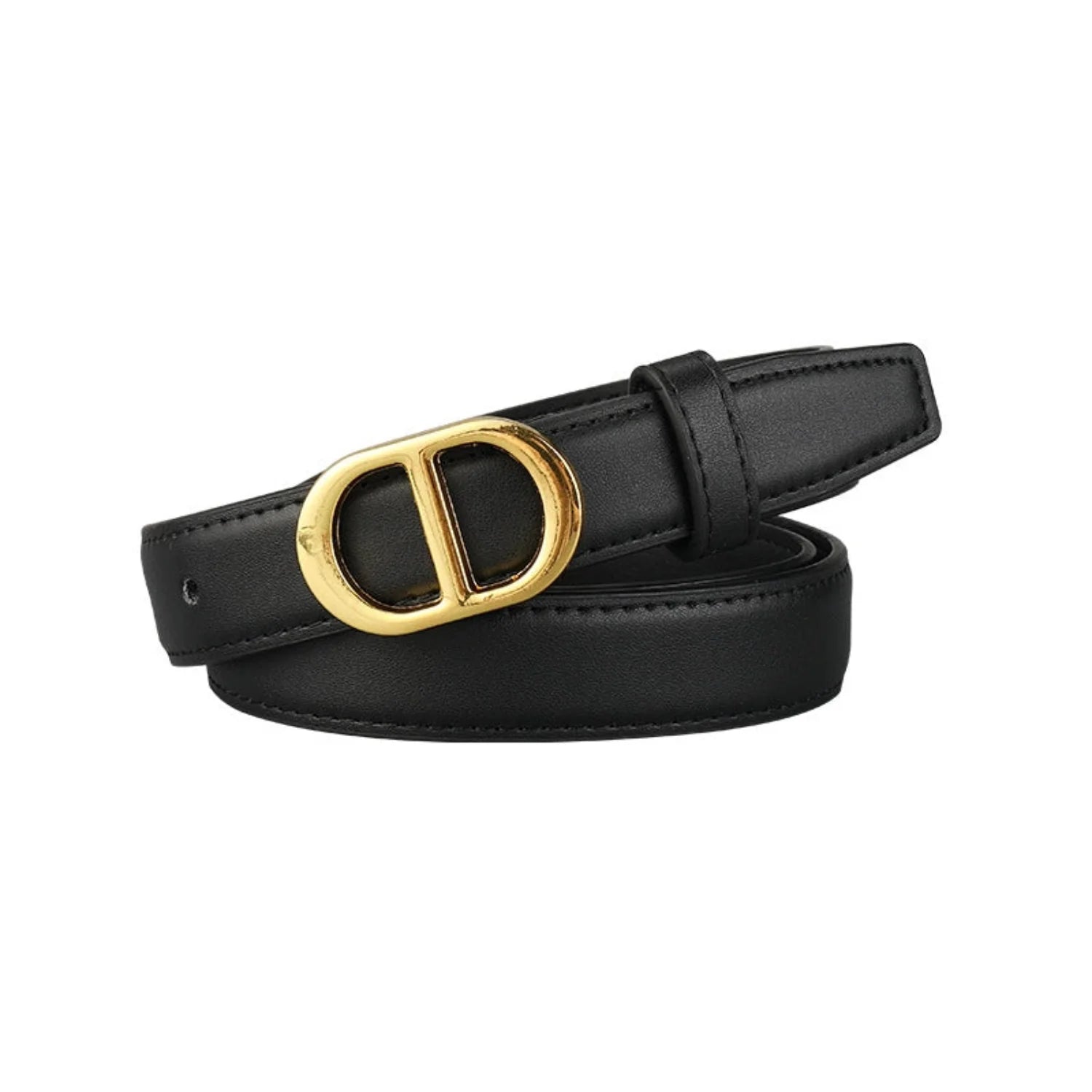 Women Black Oval Gold Buckle Black Belt