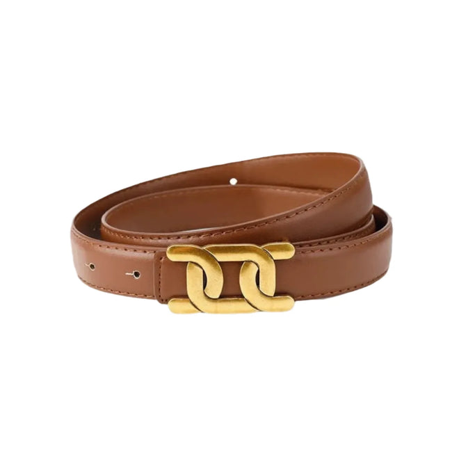 Women Brown Gold Link Buckle Tan Belt
