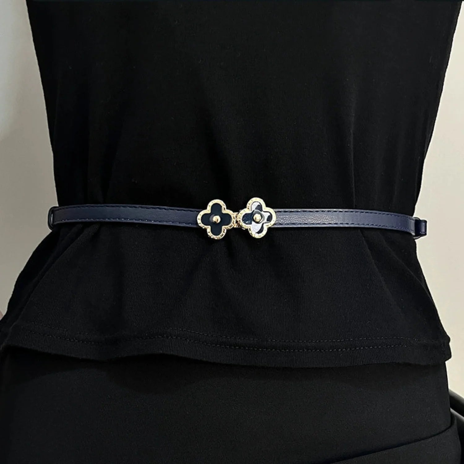 Women Blue Navy Clover Buckle Slim Belt