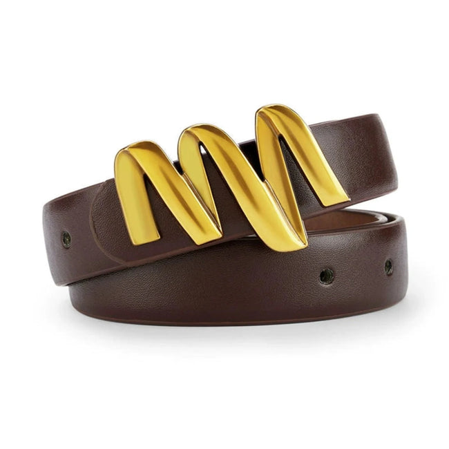 Women Brown Gold Sculptural M Buckle Brown Belt