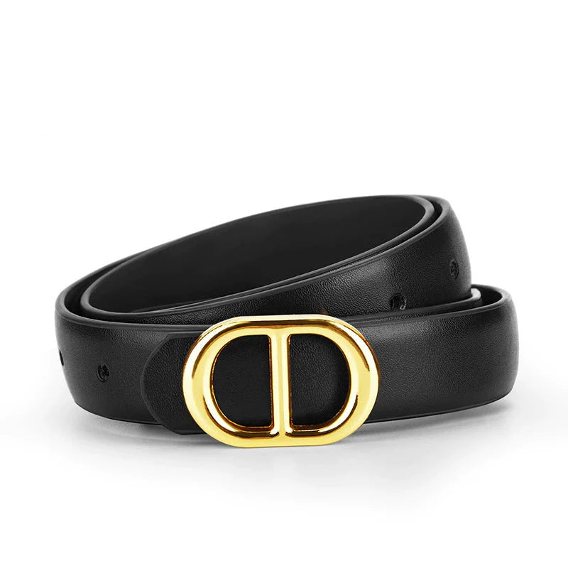 Women Black Gold Oval D Buckle Black Belt