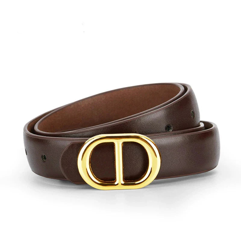 Women Brown Gold Oval D Buckle Brown Belt
