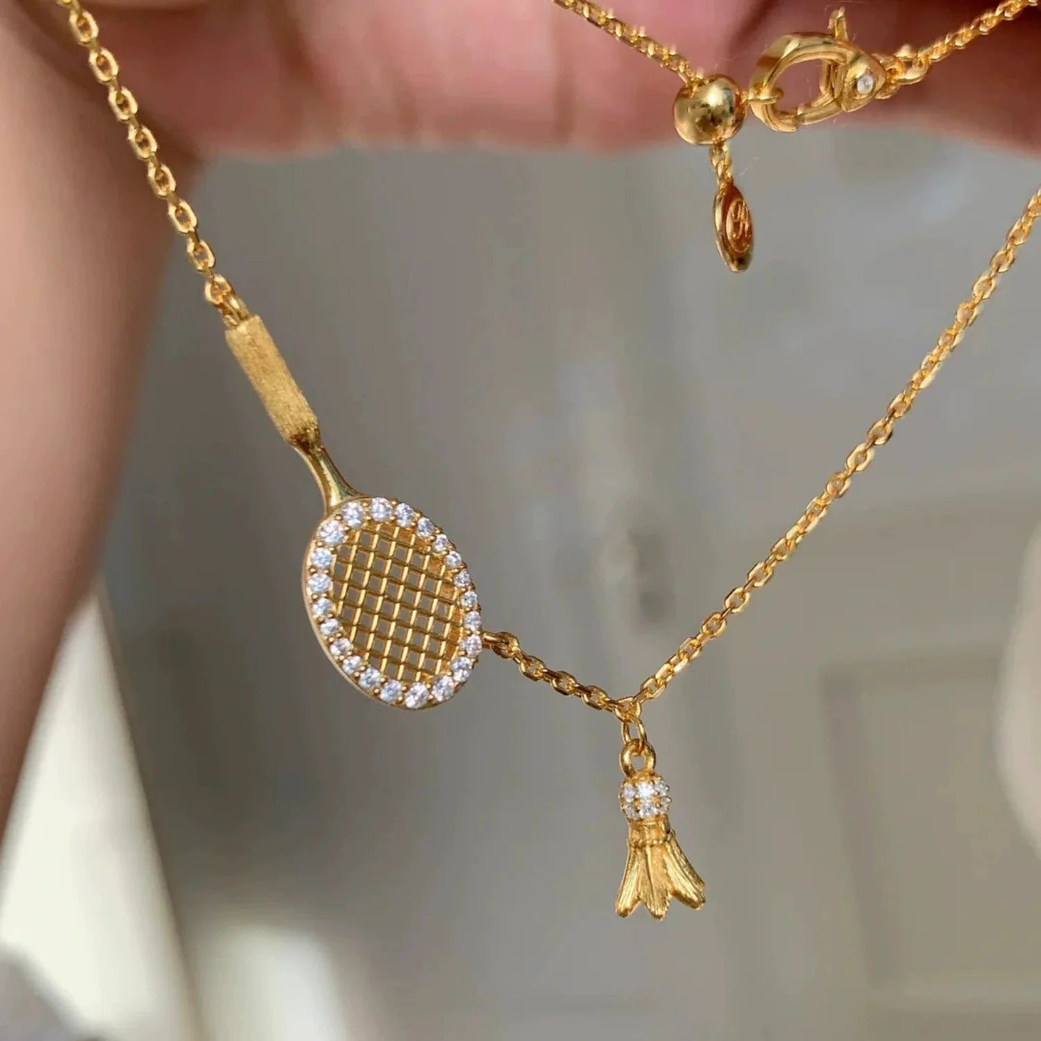 Gold Badminton Racket Lariat Necklace